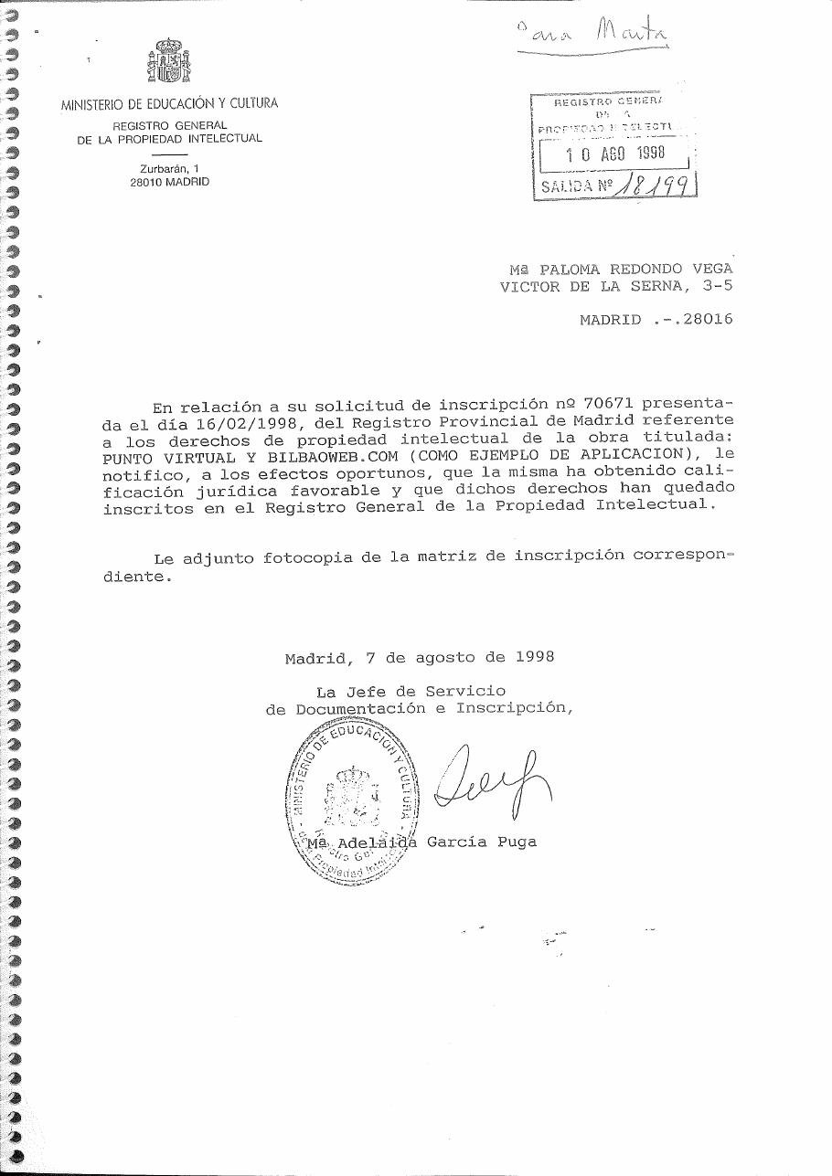 El registro de «Punto Virtual y Bilbaoweb.com» (1998), página 1