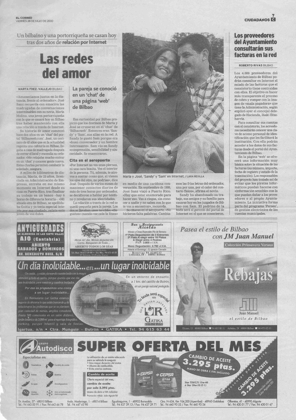 La página de El Correo que contó la historia: José Sanz, del Bar Sandwich de la calle Gardoki, y Sandy, a quien conoció