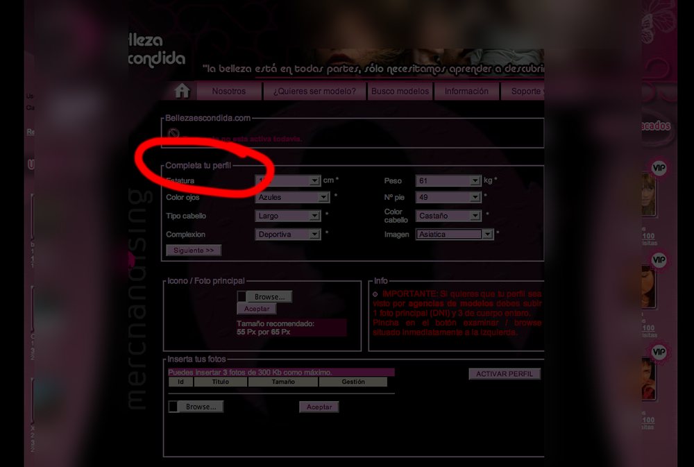 Pantalla de datos físicos del perfil.